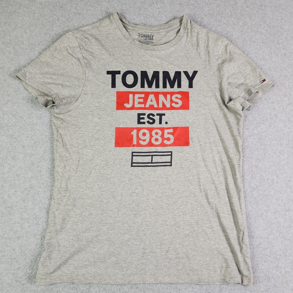 Tommy Jeans T-Shirt Men Small Gray Graphic Print 90s Knit Cotton Oversized Fit